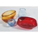 Four pieces of Whitefriars : a globular glass vase, 18cm high and a similar smaller example,