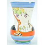 A Clarice Cliff 'tulip' pattern vase, painted with trees in a landscape, within line borders,