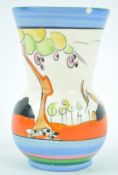 A Clarice Cliff 'tulip' pattern vase, painted with trees in a landscape, within line borders,