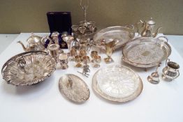A silver plated four piece tea set and other metalware, including an oval two handled tray,