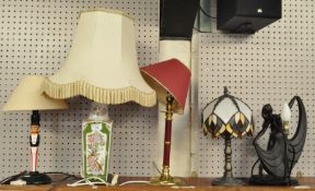 A collection of five table lamps to include Chinese style square lamp, Tiffany style lamp,