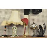 A collection of five table lamps to include Chinese style square lamp, Tiffany style lamp,