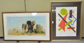 A David Shepherd 'Elephants' and a Barbara Benrard, 'Collection' No 3/9, 76cm x 58cm inc frame,