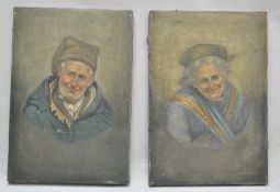 A pair of Neapolitan style oil paintings of an old man and woman,