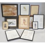 A collection of framed photos, prints and engravings,