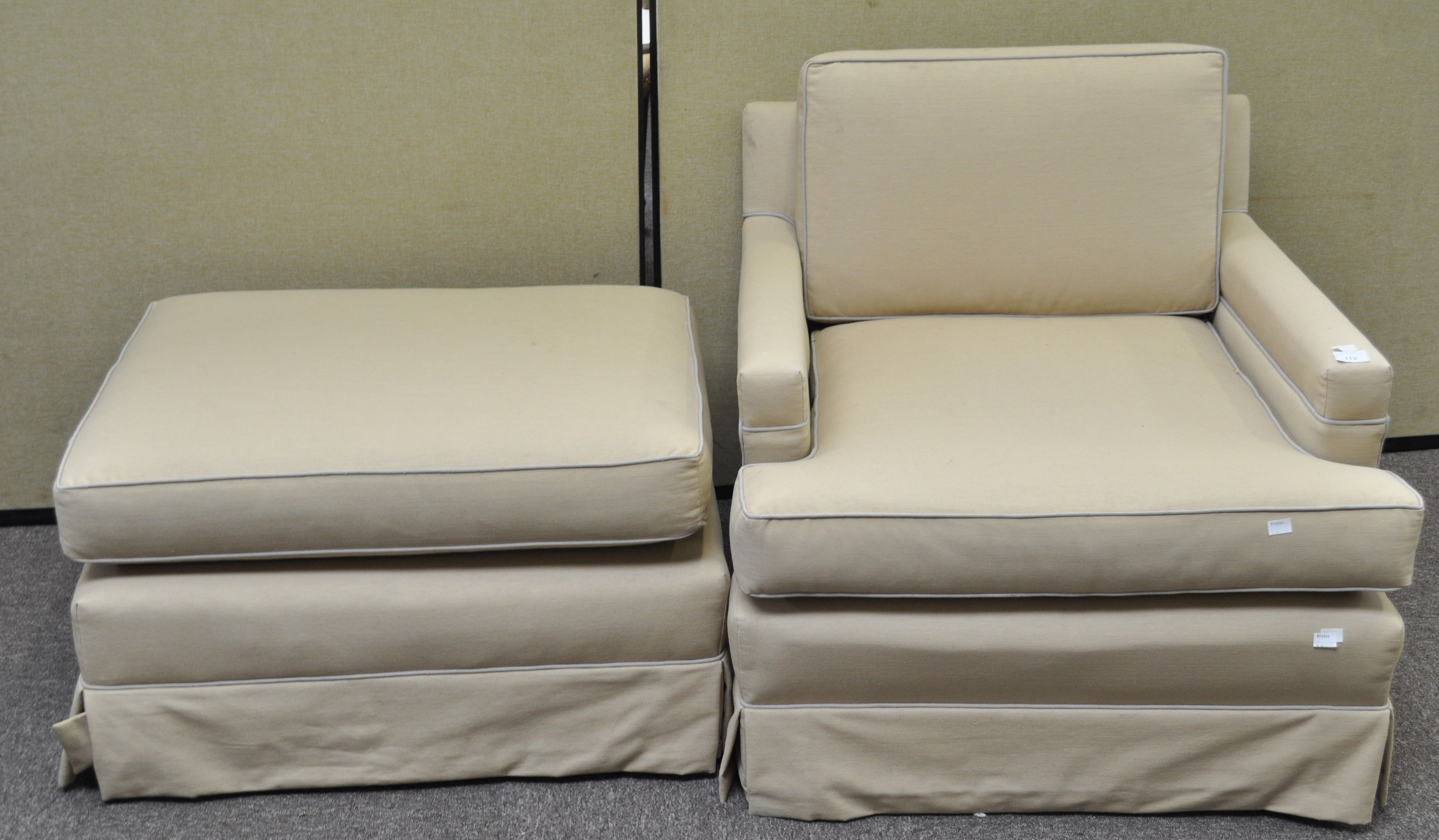 A modern armchair and matching footstool, upholstered in beige linen, armchair 77cm x 75cm, - Image 2 of 2