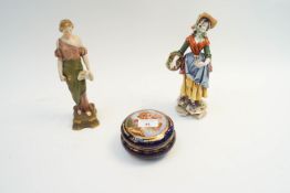 A Meissen style figure, a Royal Dux figure and a Vienna style box and cover,