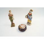 A Meissen style figure, a Royal Dux figure and a Vienna style box and cover,