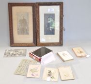 Three stamp albums, two framed photographic portraits,