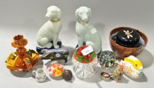 A group of ceramics and paperweights, to include a pair of Staffordshire style dogs, 20cm high,