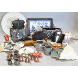 A pottery 'Willow' pattern wall-mounted two handled tray, a desk calendar, assorted boxes,