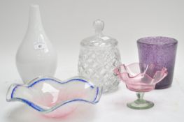 Five pieces of Studio glass, including two bowls, the petal shaped Studio bowl,