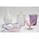 Five pieces of Studio glass, including two bowls, the petal shaped Studio bowl,