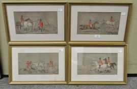 A set of four coloured lithograph prints depicting hunting scenes, framed and glazed,