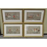 A set of four coloured lithograph prints depicting hunting scenes, framed and glazed,