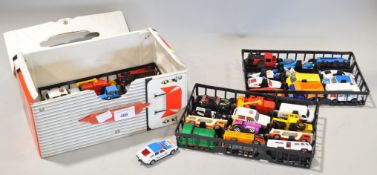 A Matchbox lorry carry case containing a collection of toy cars