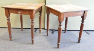 Two pine kitchen tables, of square section on turned baluster legs,