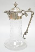 A 19th century etched glass jug with silver plate lid and handle,