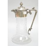 A 19th century etched glass jug with silver plate lid and handle,