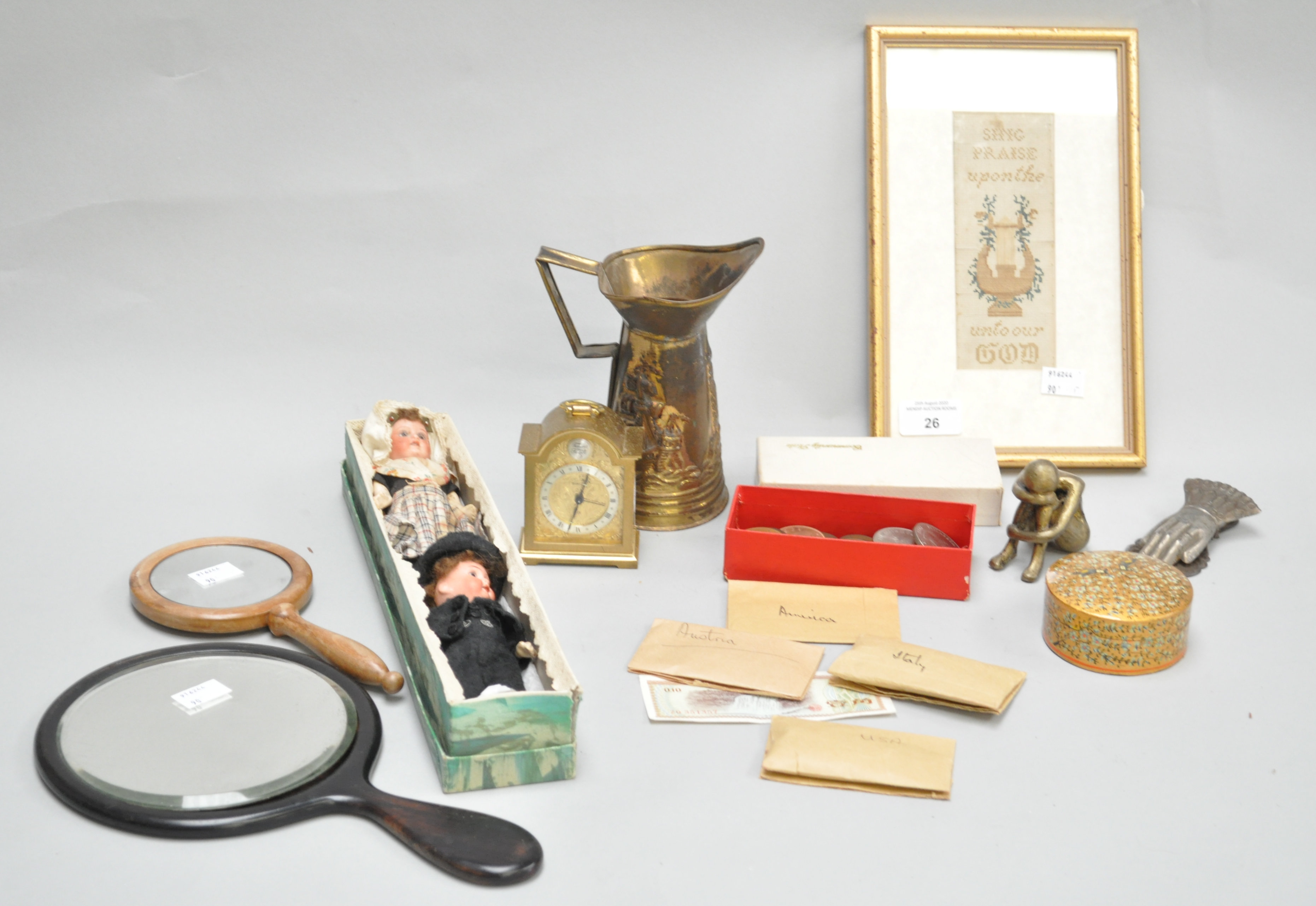 A collection of assorted curios, to include German porcelain headed dolls, papier mache pot,