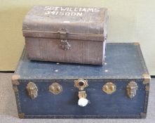 A military hinged metal travelling trunk, 55cm wide x 34cm deep,