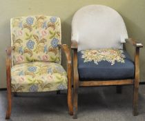 Two 1930's Art Deco oak fireside elbow chairs with tapestry upholstery,