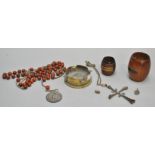 Two pieces of teak from HMS ships along with a trench art ashtray and rosary beads