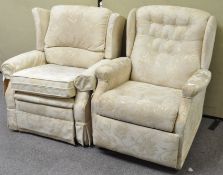 Two recliner armchairs, in cream floral fabric,