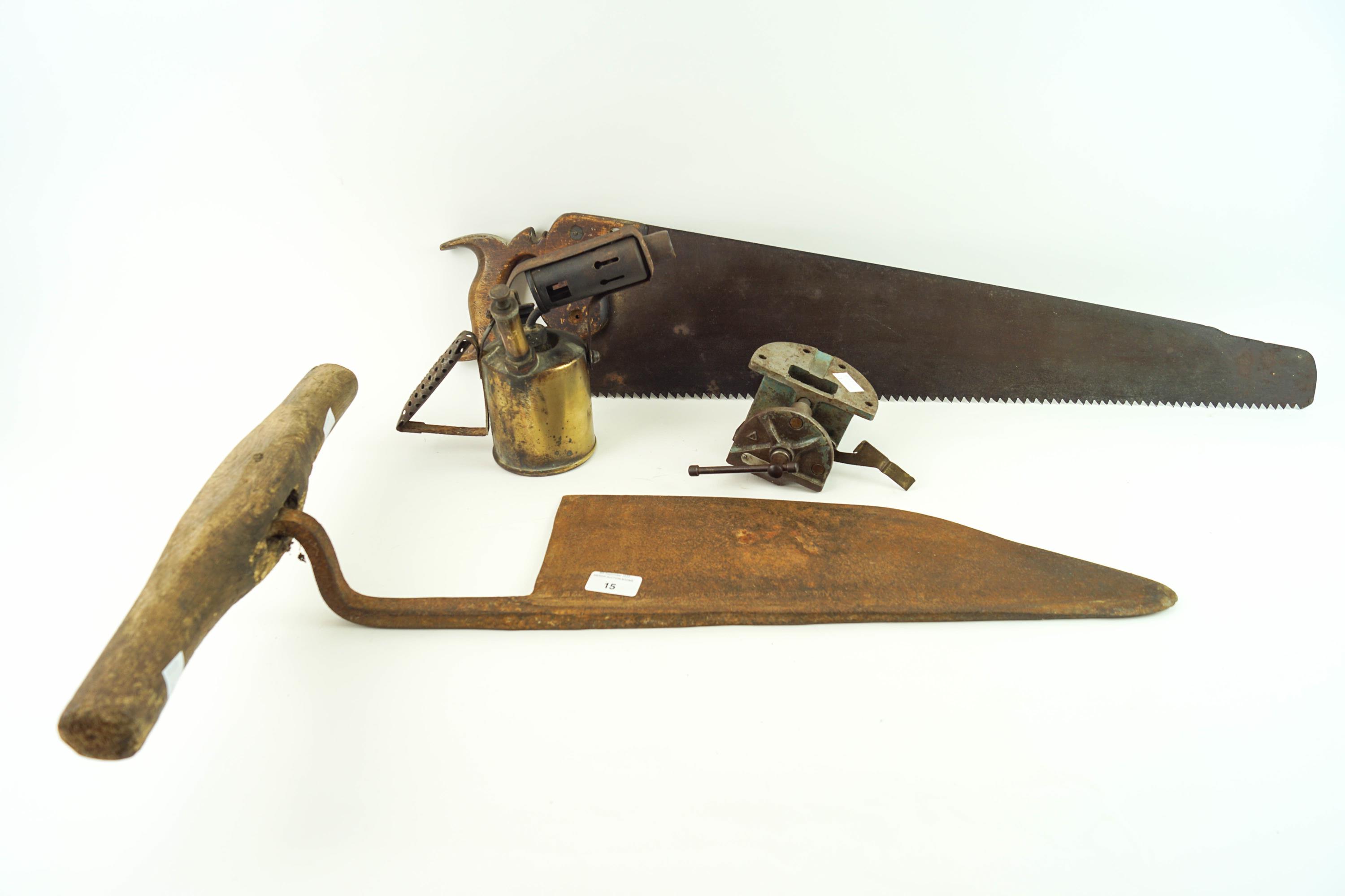 A large hay knife, a brass "Monarch" blowlamp,