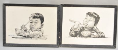 Two Chinese paintings of a boy eating, in black oil on canvas, signed C H Tring, framed,