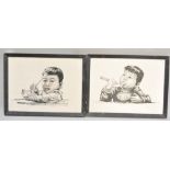 Two Chinese paintings of a boy eating, in black oil on canvas, signed C H Tring, framed,