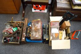 A large collection of assorted tools to include drill bits, drill,