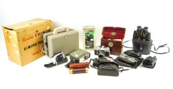 A collection of vintage cameras to include Zenit-E, Moshvan 8D, a Dekko recorder,