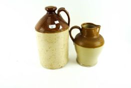 A stoneware salt glazed flagon with a stoneware jug