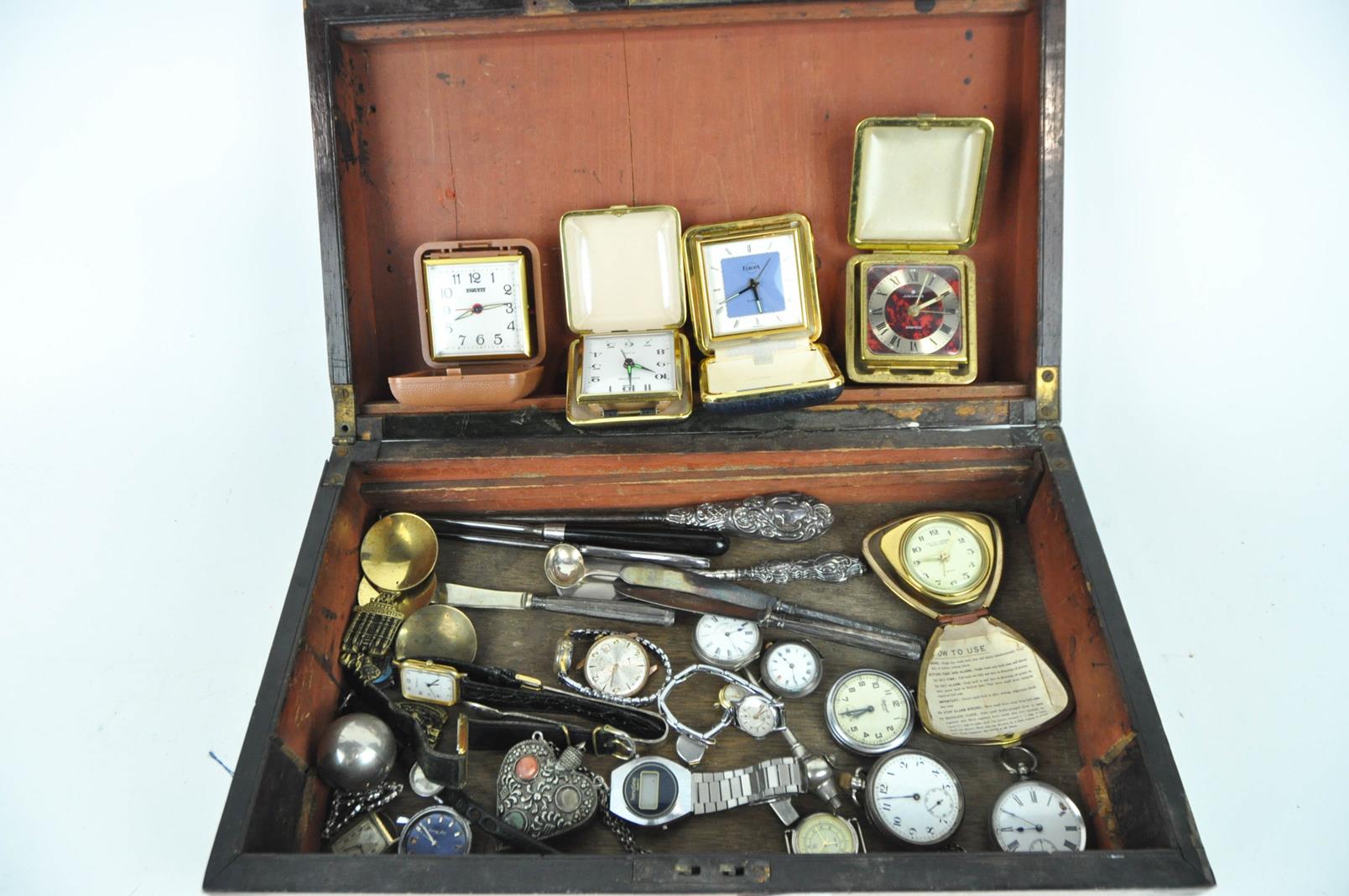 A rosewood writing slope with watches and other items