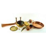 A copper postal horn and other copper and brassware