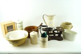 A quantity of kitchenalia to include scales, a T G Green mixing bowl,