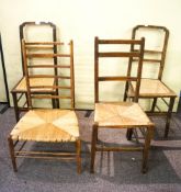 A mixed set of oak chairs with rush and cane work seats