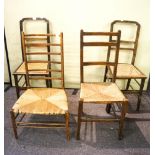 A mixed set of oak chairs with rush and cane work seats