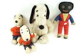 Three Snoopy soft toys teddies and a vintage golly doll