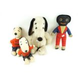 Three Snoopy soft toys teddies and a vintage golly doll