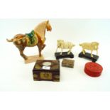 A 20th century pottery figure of a tang horse and other items