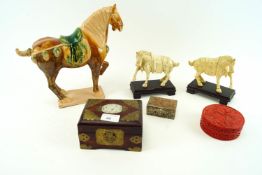 A 20th century pottery figure of a tang horse and other items