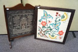 A wool work of flowers and a machine woven Chinese banner,