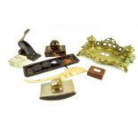 A brass inkwell and other items