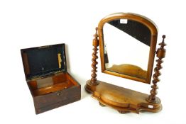 A Victorian mahogany swing frame mirror together with a rosewood work box lacking interior