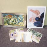 Three un-framed watercolours, together with two prints,