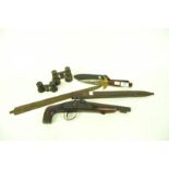 A collection of arms to include a 19th century handmade percussion cap pistol, bronze blade,