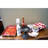 A dog gin bottle, tray, clock and other items