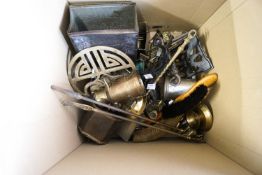 A collection of assorted metalware, mostly bras, to include tins,